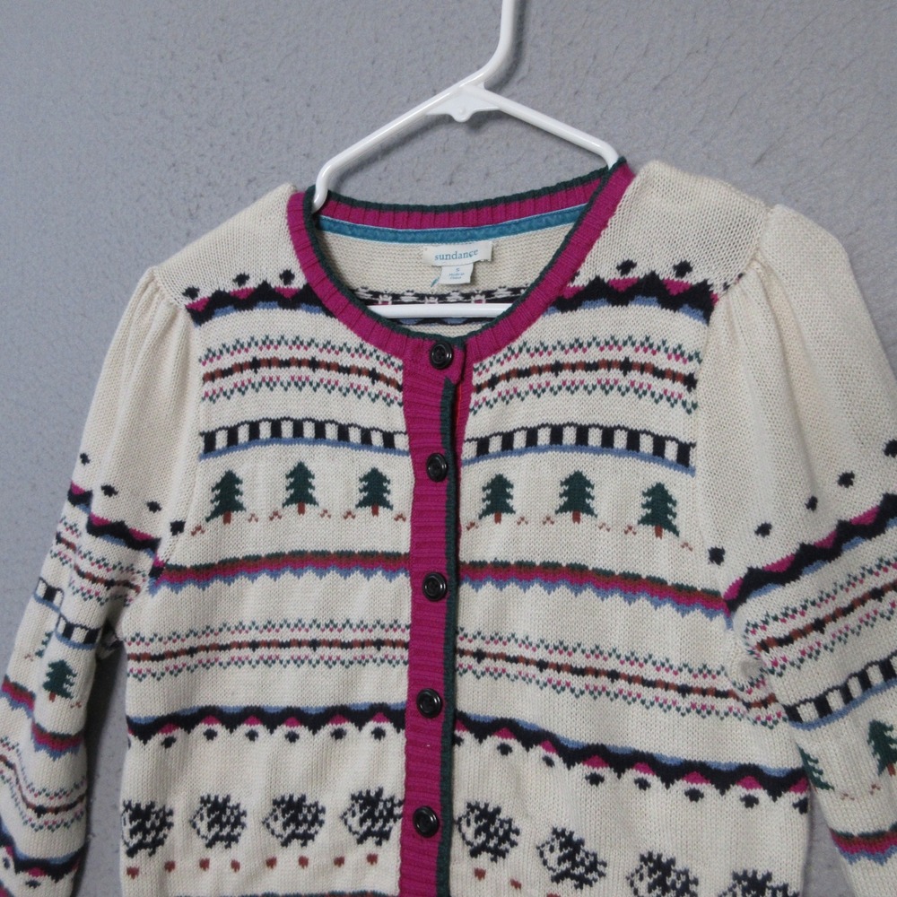 Sundance Cardigan Sweater Fair Isle Wool Blend Christmas Tree Puff Slv Holiday